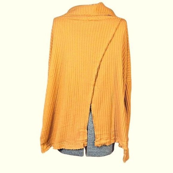 Free People Juicy Long Sleeve Cowl Neck Waffle Knit Split Back Top Mustard Sweat - Picture 3 of 16